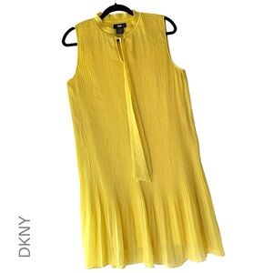 DKNY SLEEVELESS MICRO PLEATED DRESS DAFFODIL YELLOW TIE NECK LINED | 10